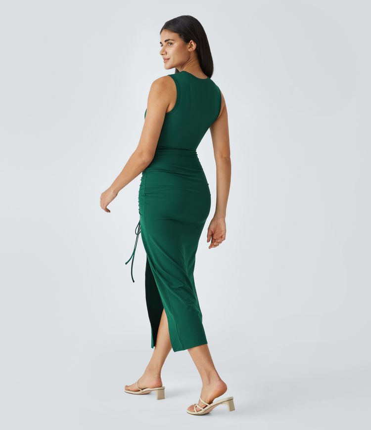 Round Neck Twisted Cut Out Ruched Drawstring Split Hem Bodycon Maxi Casual Dress