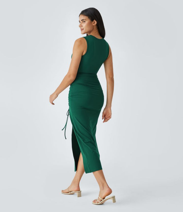 Round Neck Twisted Cut Out Ruched Drawstring Split Hem Bodycon Maxi Casual Dress