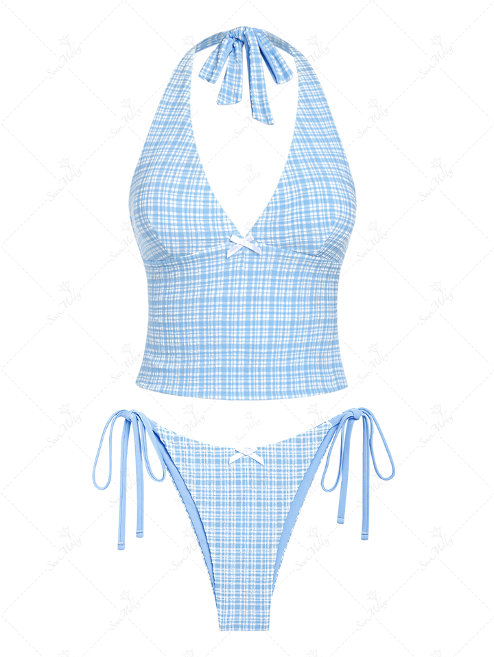 Seamolly Retro Pin-Up Vintage Gingham Bowknot Decor Halter Tied Chic Tankini Set