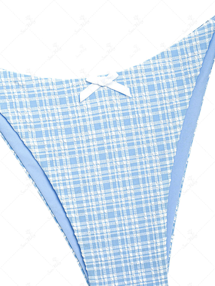 Seamolly Retro Pin-Up Vintage Gingham Bowknot Decor Halter Tied Chic Tankini Set