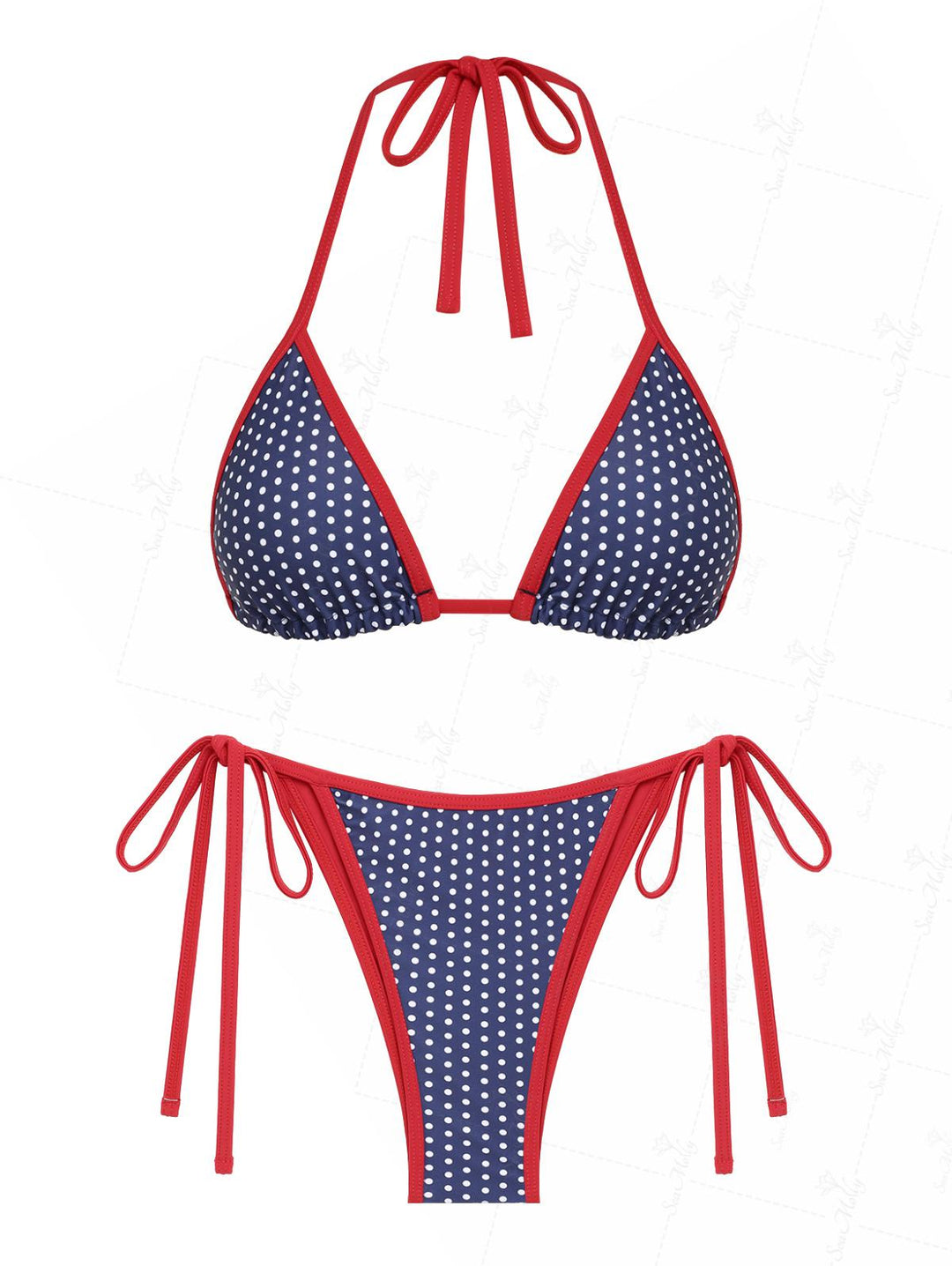 Seamolly Contrast Binding Polka Dots Print Halter Triangle Tie Side Bikini Set for 4th of July