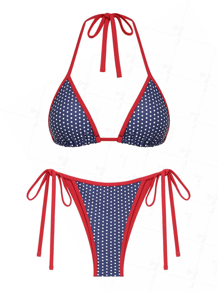 Seamolly Contrast Binding Polka Dots Print Halter Triangle Tie Side Bikini Set for 4th of July