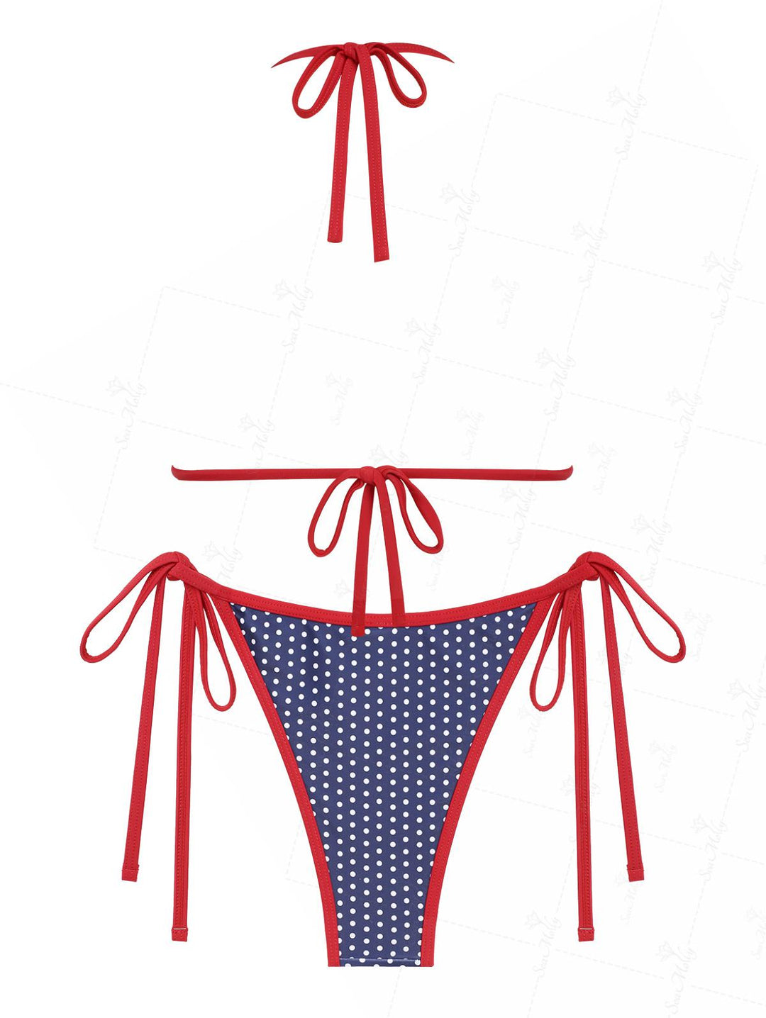 Seamolly Contrast Binding Polka Dots Print Halter Triangle Tie Side Bikini Set for 4th of July