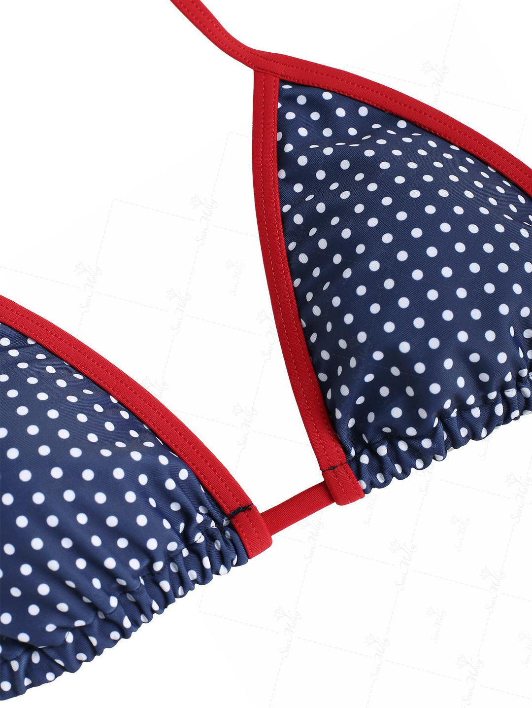 Seamolly Contrast Binding Polka Dots Print Halter Triangle Tie Side Bikini Set for 4th of July