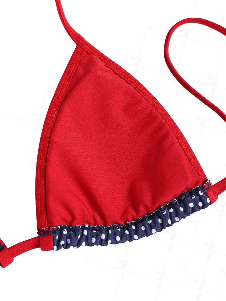 Seamolly Contrast Binding Polka Dots Print Halter Triangle Tie Side Bikini Set for 4th of July