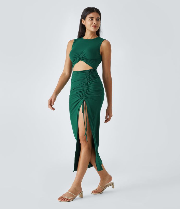 Round Neck Twisted Cut Out Ruched Drawstring Split Hem Bodycon Maxi Casual Dress