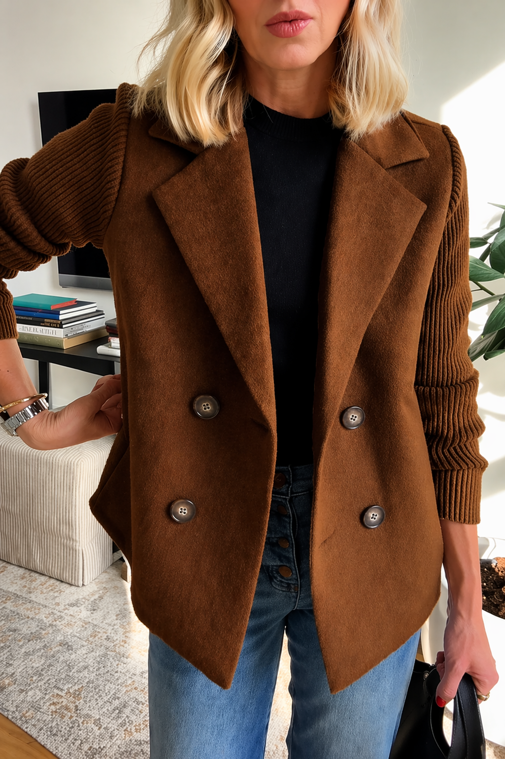 Women's Lapel Button Patchwork Sleeve Casual Coat
