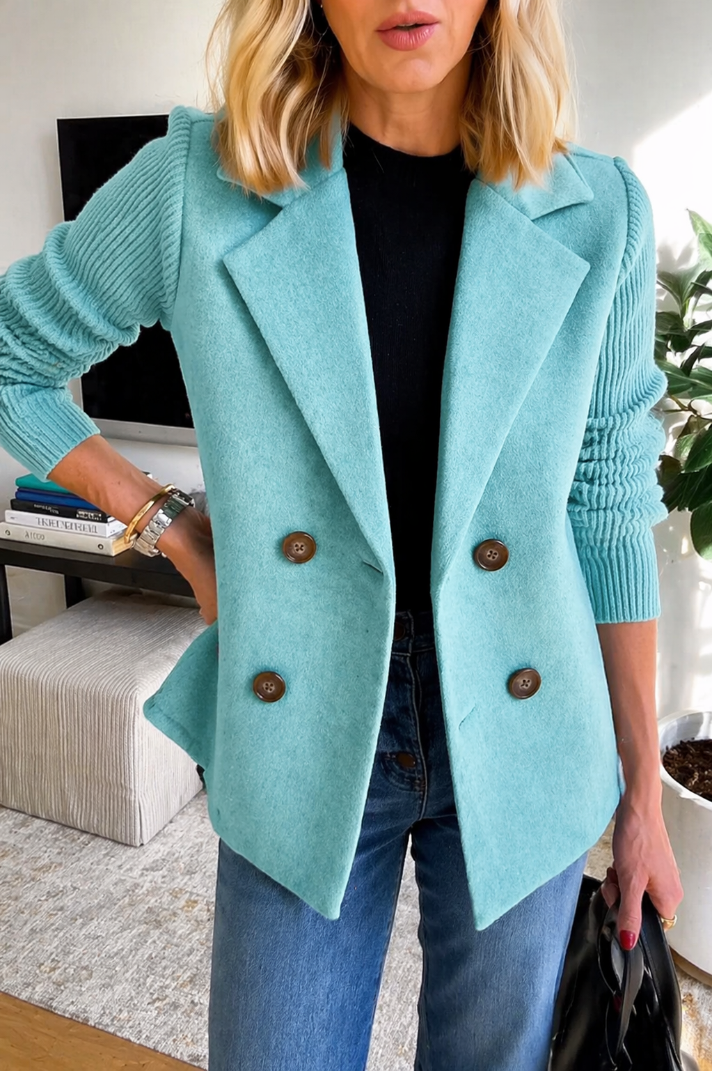 Women's Lapel Button Patchwork Sleeve Casual Coat