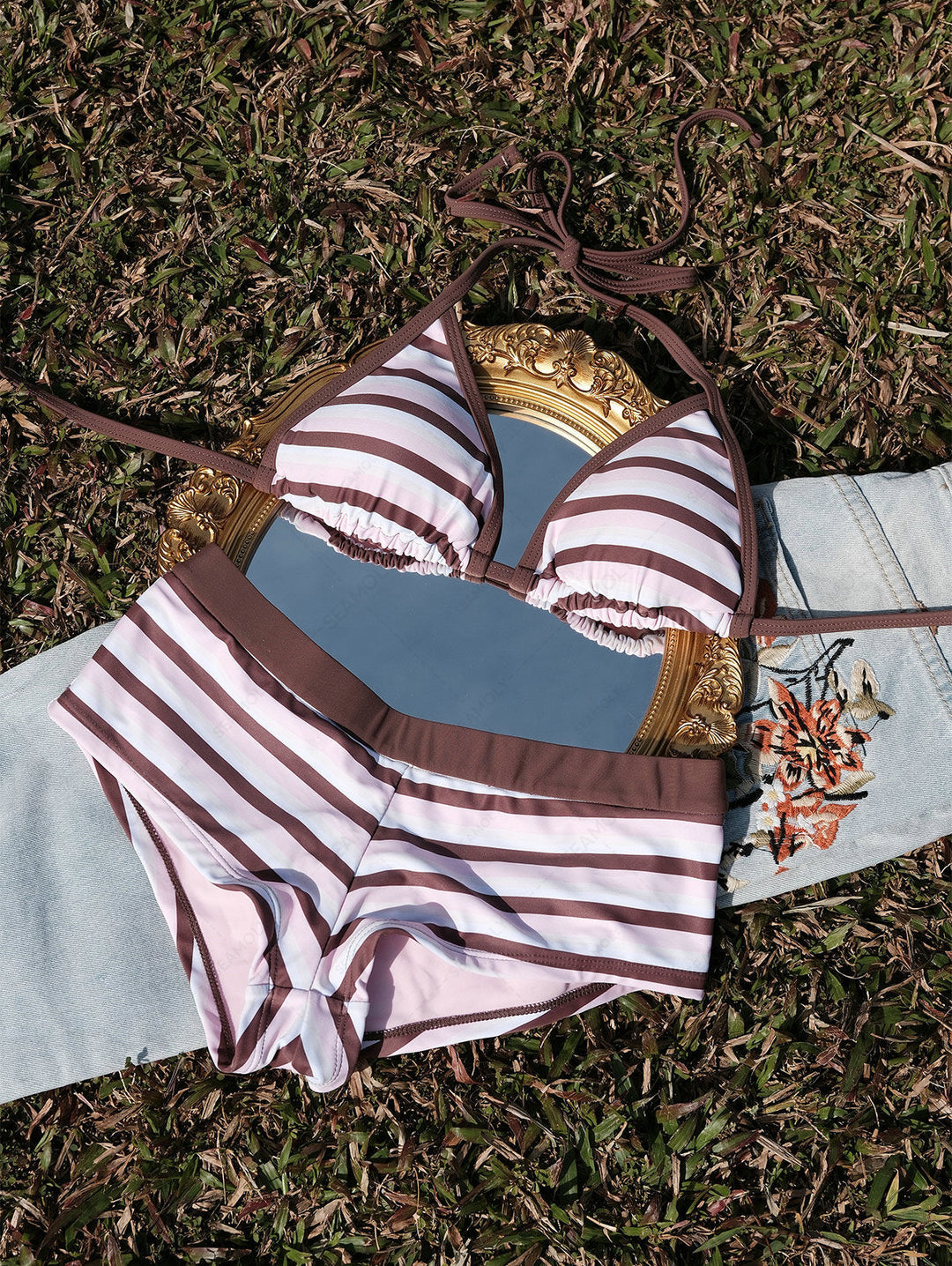 Seamolly Colorblock Striped Halter Triangle Boyshorts Bikini Set