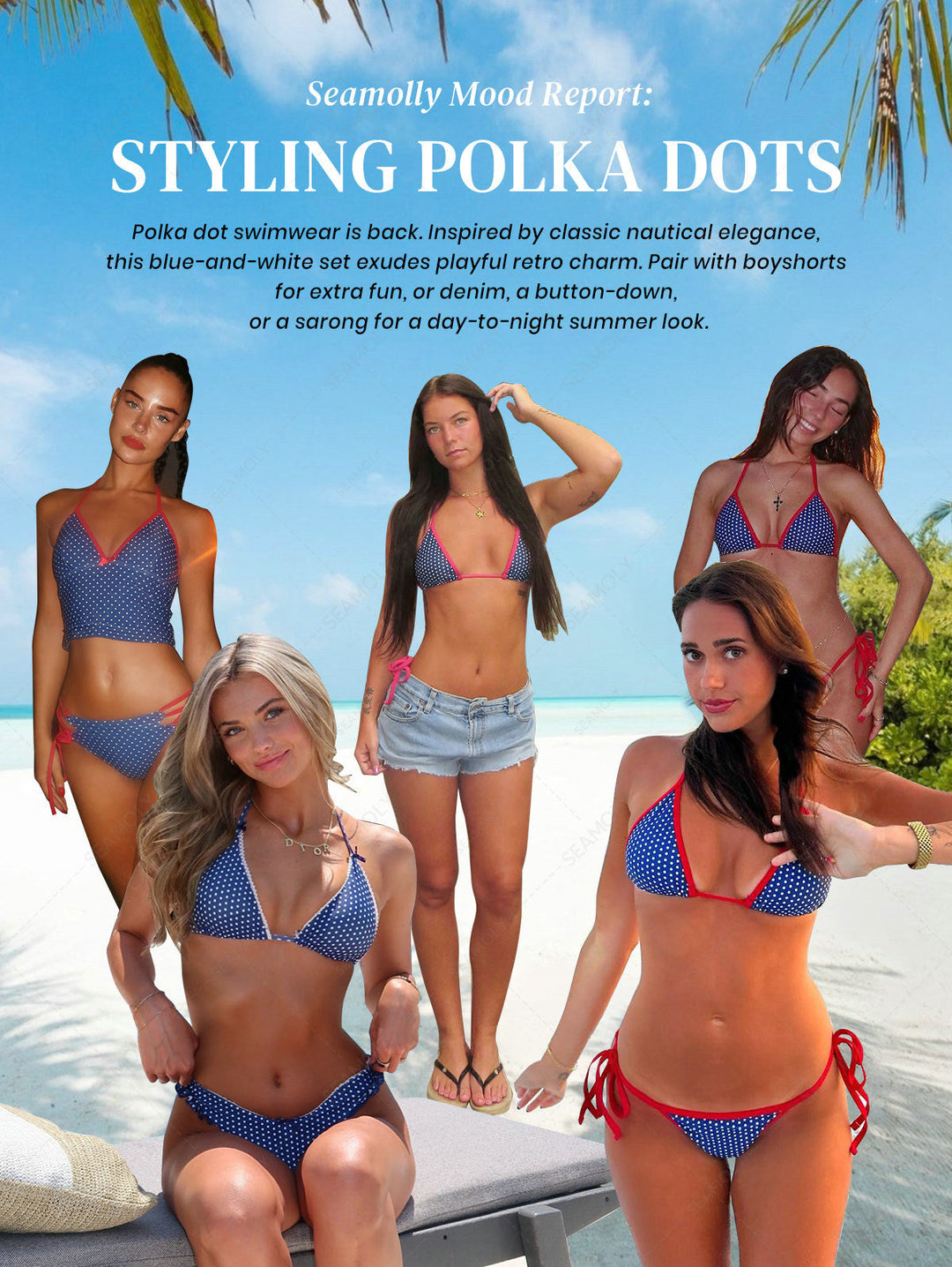 Seamolly Contrast Binding Polka Dots Print Halter Triangle Tie Side Bikini Set for 4th of July